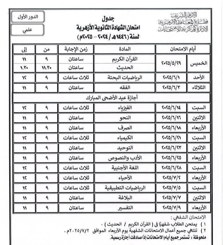جدول امتحانات الثانوية الأزهرية