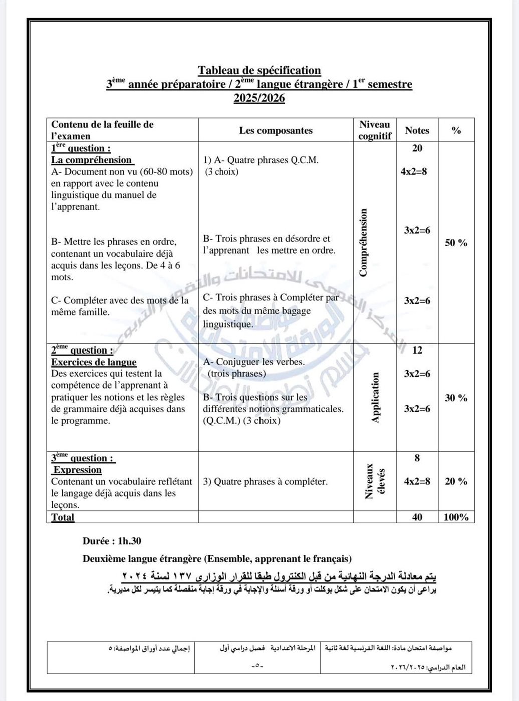 مواصفات امتحان اللغة الفرنسية للمرحلة الإعدادية في الفصل الدراسي الأول