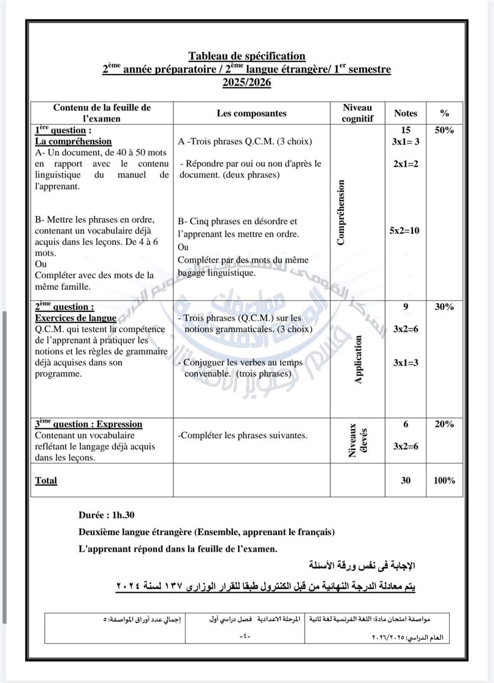 مواصفات امتحان اللغة الفرنسية للمرحلة الإعدادية في الفصل الدراسي الأول