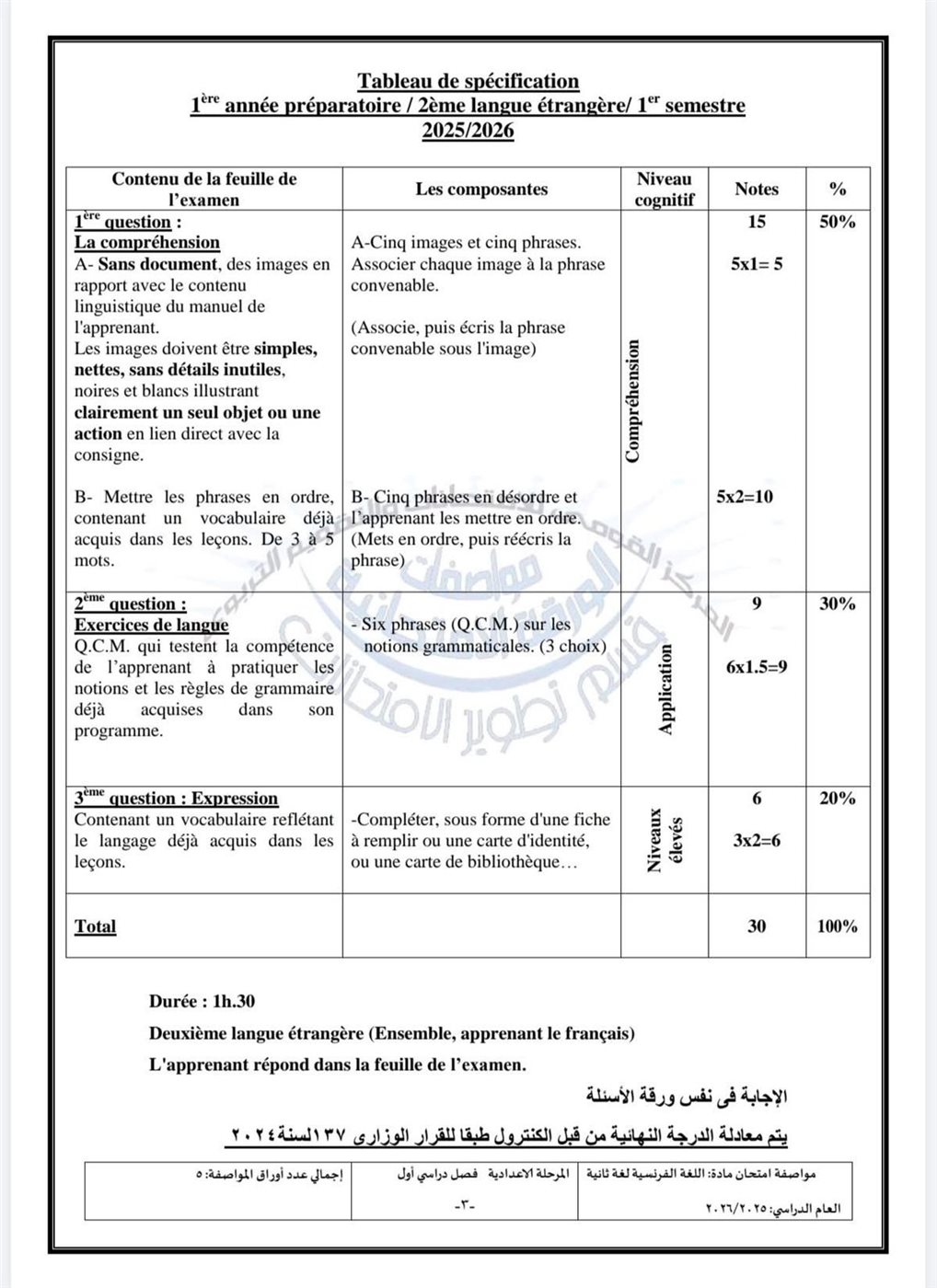 مواصفات امتحان اللغة الفرنسية للمرحلة الإعدادية في الفصل الدراسي الأول