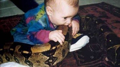 طفل يتخذ من جسد ”ثعبان ضخم” مقعدًا له.. (فيديو)