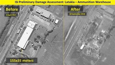 شاهد.. مخزن الأسلحة باللاذقية السورية  قبل وبعد القصف من إسرائيل