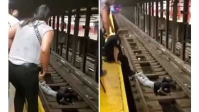 قبل وصول القطار.. لحظة إنقاذ رجل سقط على القضبان