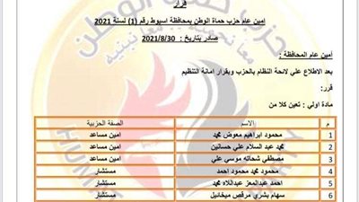 بالأسماء ننشر تشكيل الأمانة المركزية لحزب حماه الوطن بمحافظة أسيوط