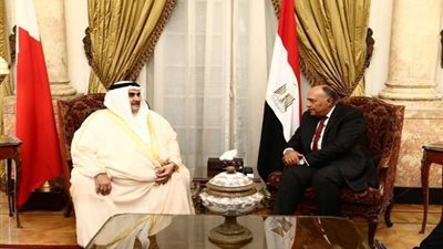 شكري يستقبل نظيره البحريني‫ على هامش اجتماع الجامعة العربية الطارئ