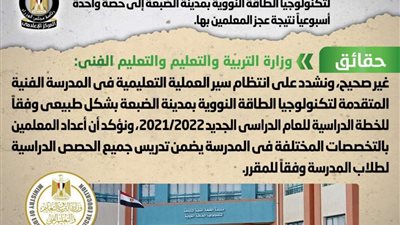 تعرف على حقيقة تقليص حصص المدرسة الفنية لتكنولوجيا الطاقة النووية بالضبعة