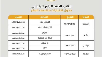 جدول امتحانات نصف العام لـ رابعة ابتدائي