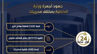 الداخلية: ضبط 165 قطعة سلاح نارى بحوزة 149 متهم  خلال 24ساعة