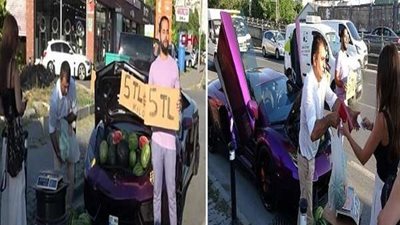 واقعة غريبة.. شاب يبيع البطيخ على سيارة 