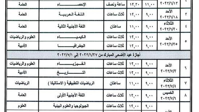 جدول الثانوية العامة
