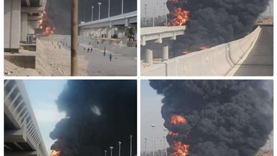 تفحم سائق وتباع إثر انقلاب سيارة نقل مواد بترولية أعلى كوبري الهضبة بأسيوط