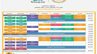 ننشر جدول حصص الصف الرابع الابتدائي 2021 الترم الثاني