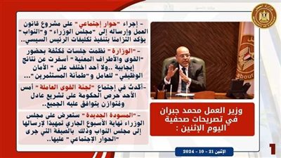 وزير العمل يعرض مسودة قانون العمل الجديد على مجلس الوزراء نهاية الأسبوع الجاري