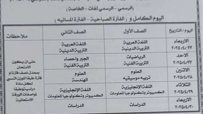 ننشر جدول امتحانات شهر أبريل 2025 لطلاب الصفين الأول والثاني الإعدادي بالقليوبية