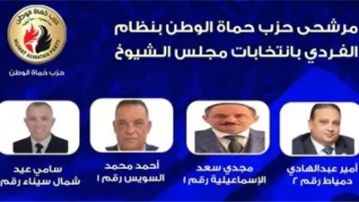 حماة الوطن يعلن قائمة مرشحيه على المقاعد الفردية بانتخابات الشيوخ في جميع المحافظات