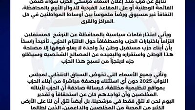 مستقبل وطن يشكر أعضاءه على الالتزام الحزبي وتغليب المصلحة العامة